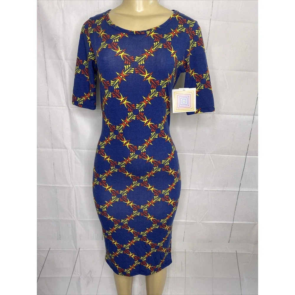 Lularoe Julia‎ Dress Blue Color Print Short Sleeve Boat Neck Midi Women XS NWT